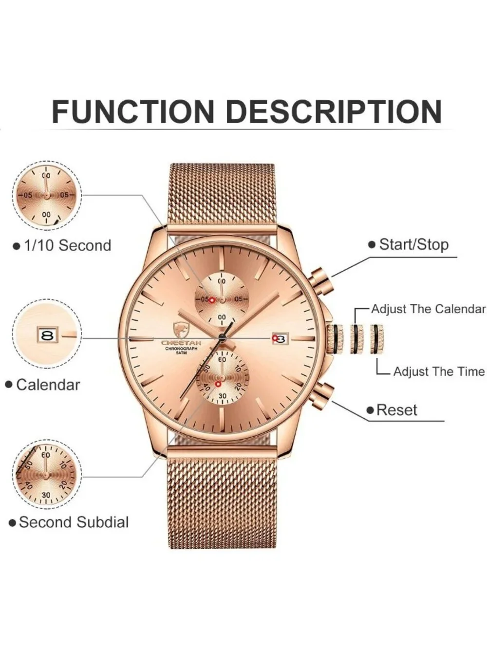 Men's Rose Gold Quartz Analog Mesh Strap Stainless Steel Chronograph Round Watch
